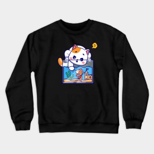 Cute Cat Playing With Fish In Aquarium Cartoon Crewneck Sweatshirt